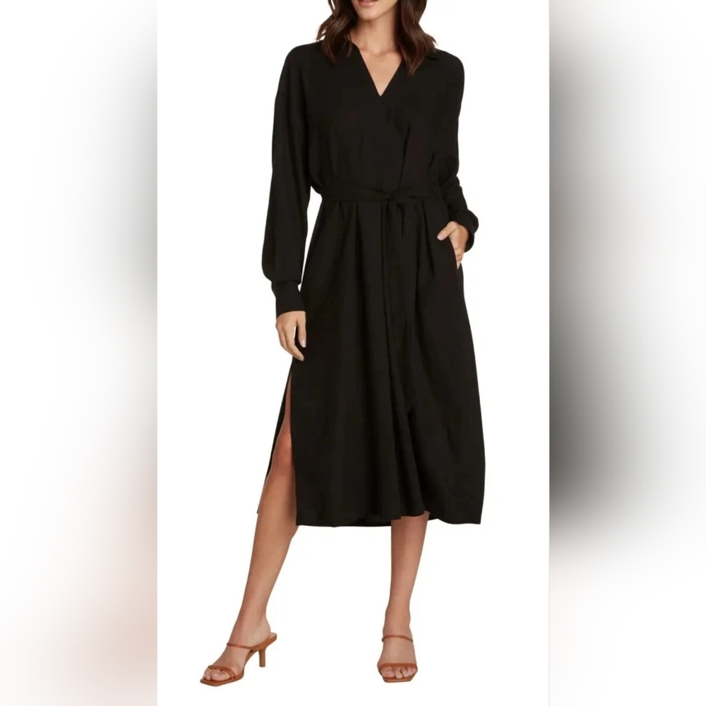 Willow Nadine Popover Long Sleeve Midi Shirtdress Black Womens Small Linen Blend